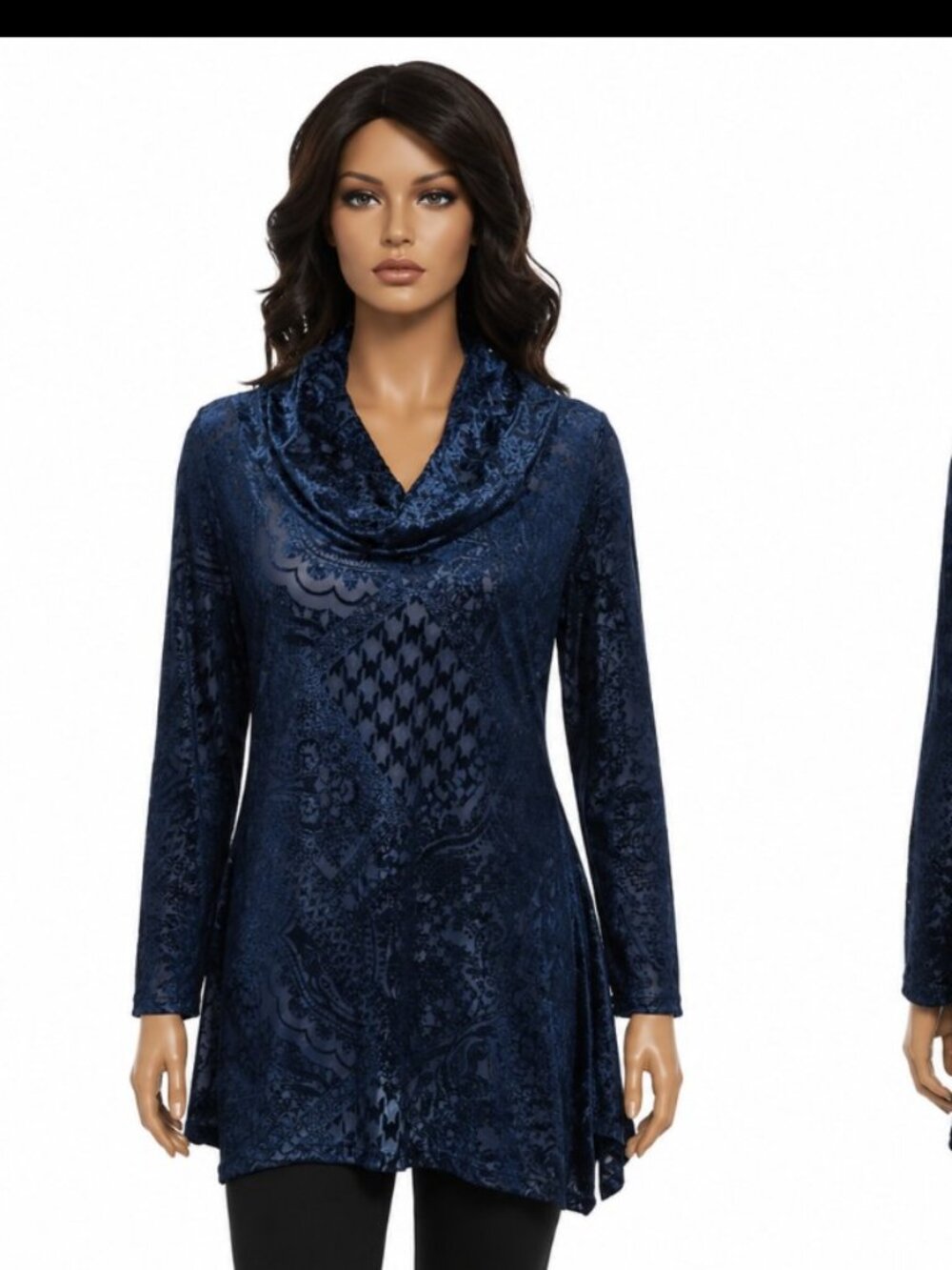 The Look Women,s Navy Velvet Burnout Cowl Neck Tunic Top Size large. 3/4 sleeve